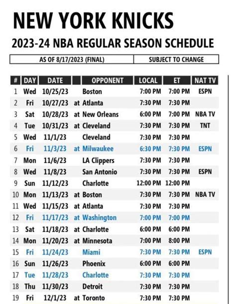 New York Knicks Schedule 2022