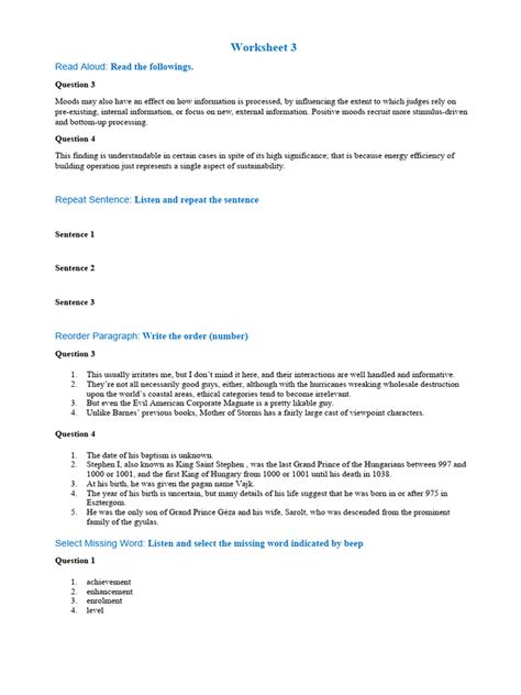 PTE Worksheet 3 | PDF