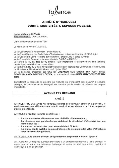 Calaméo Arrete 1586 2023 Interdiction De Stationnement Avenue Pey