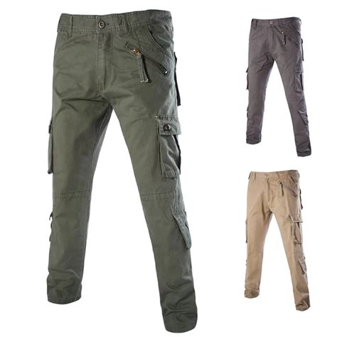 Big Military Mens Cargo Pants Multi Zipper Pockets Cotton Khaki Men