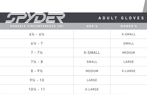 Size Chart Adult Gloves Spyder Canada