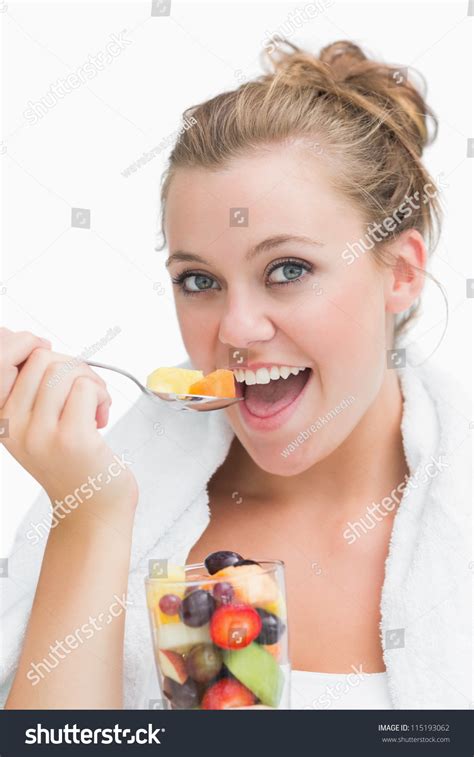 Woman Eating Fruit Salad Happily Stock Photo 115193062 Shutterstock