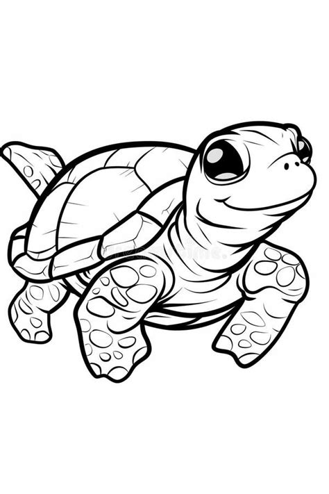 Artistic Black and White Cartoon Illustration of a Sea Turtle with Big ...