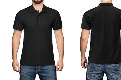 men in blank black polo shirt, front and back view, isolated white ...