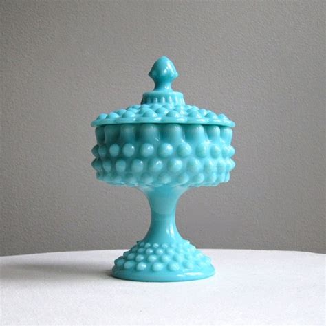 Turquoise Blue Hobnail Milk Glass Candy Dish By Fenton 1950s Pastel