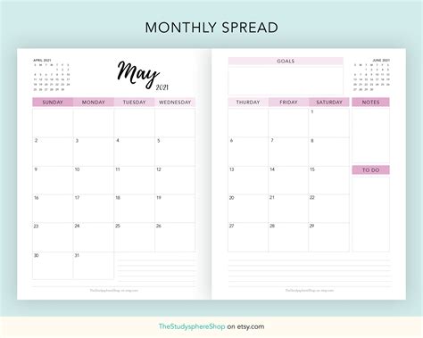 Planner 2021 Printable Full Calendar Monthly Spread Weekly - Etsy