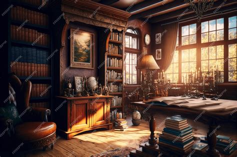 Premium Photo | Cozy study with vintage furniture, books, paintings ... 