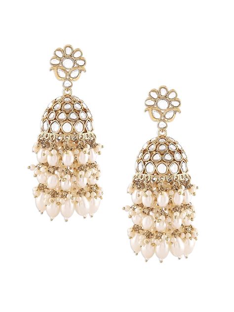 Zaveri Pearls Gold Tone Kundan Cluster Pearl Drop Traditional Jhumka