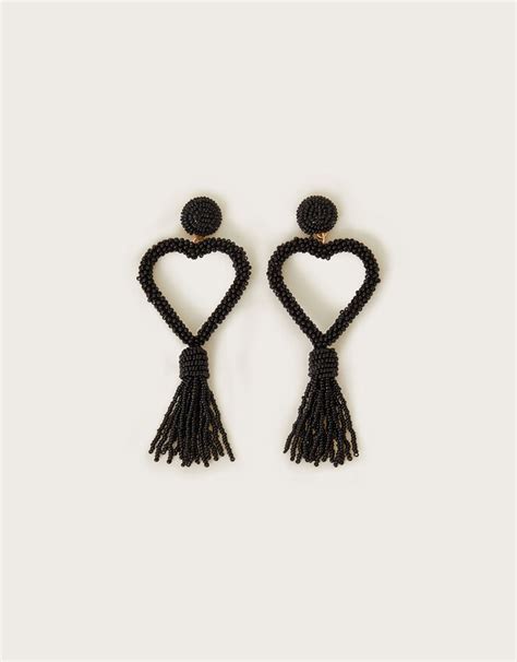 Beaded Heart Tassel Earrings