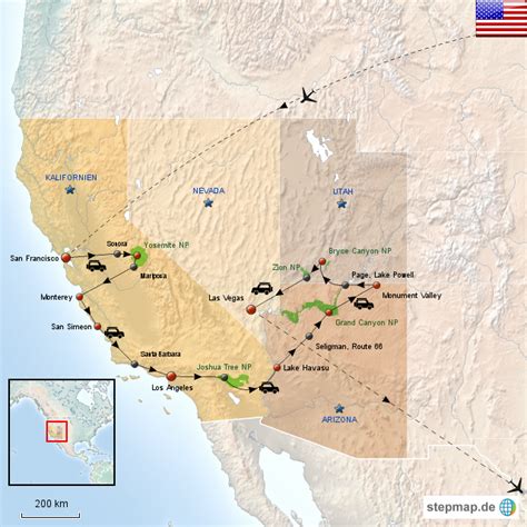 StepMap Rundreise USA Westen Landkarte für USA