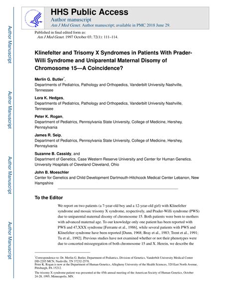 Pdf Klinefelter And Trisomy X Syndromes In Patients With Prader Willi