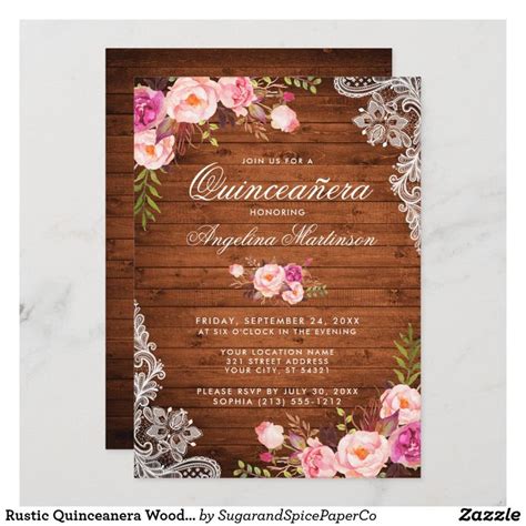 Rustic Quinceanera Wood Lace Pink Floral Invitation Zazzle Floral