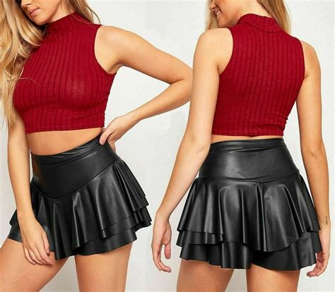 Black Wet Look Skirt Shorts Layered Frill Faux Pvc Stretch Party Mini Pvc Skort Ebay