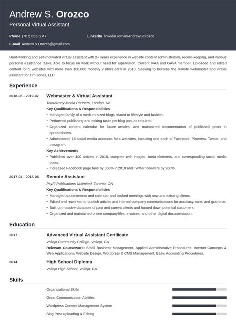 Virtual Assistant Resume Template Free Printable Templates