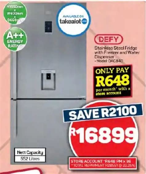 DEFY Stainless Steel Fridge With Freezer And Water Dispenser Offer At