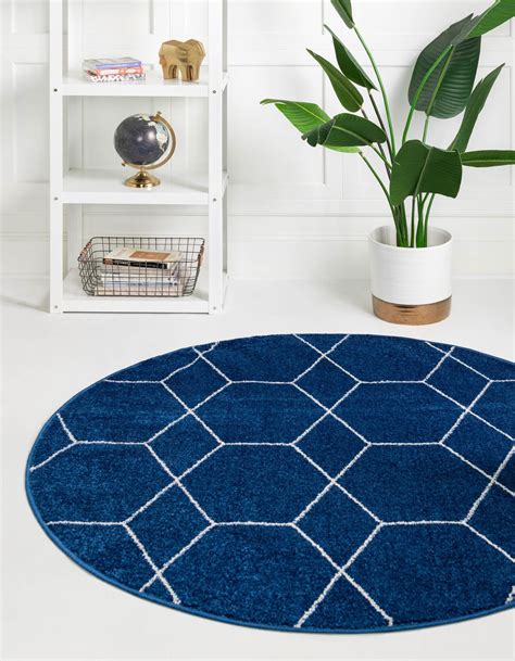 Unique Loom Geometric Trellis Frieze Rug Navy Blueivory 6 1 Round