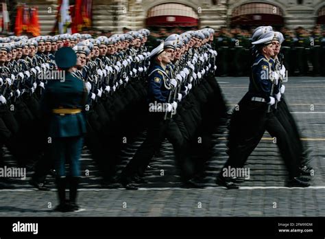 Moscow Russia 7th May 2021 Servicemen March During A Rehearsal Of