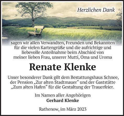 Traueranzeigen von Renate Klenke Märkische Onlinezeitung Trauerportal