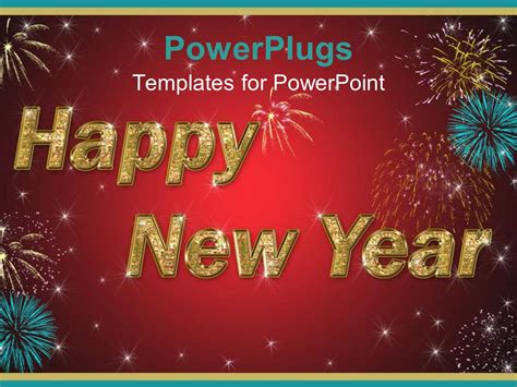 Powerpoint Template Large Happy New Year Text With Fireworks And Red