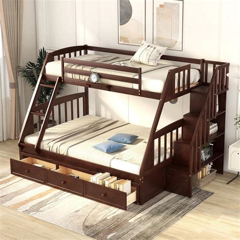 Harper And Bright Designs Espresso Twin Over Full Wood Bunk Bed With 3