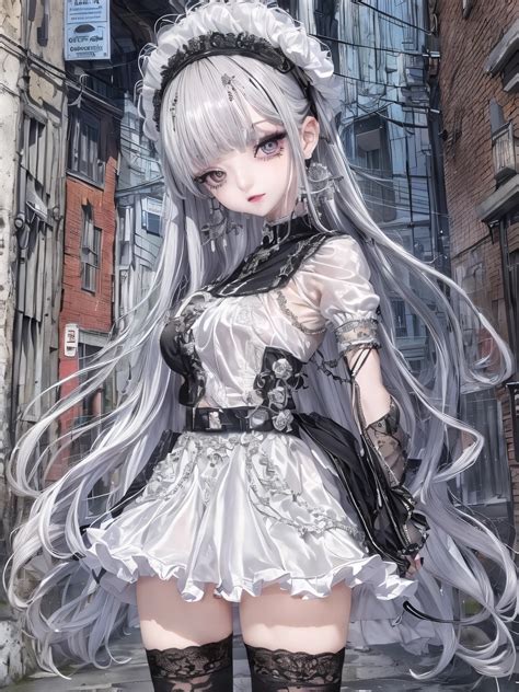 長い白髪と黒い手袋をした女の子がいる都市 - SeaArt AI
