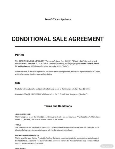 Conditional Sale Agreement Template Web Download Or Preview 1 Pages Of