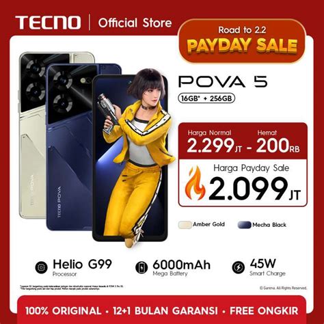 Promo TECNO POVA 5 8 8GB 256GB Helio G99 45W Flash Charging 6000mAh