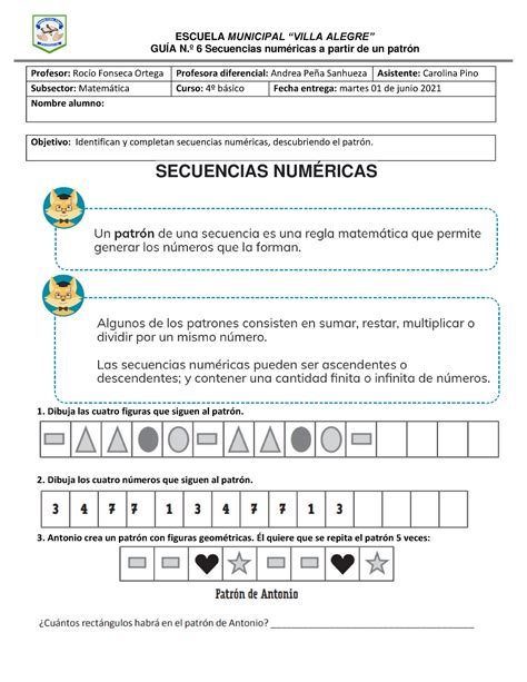 GUÍA Nº 6 4º Matemática Completar secuencias numericas patrón