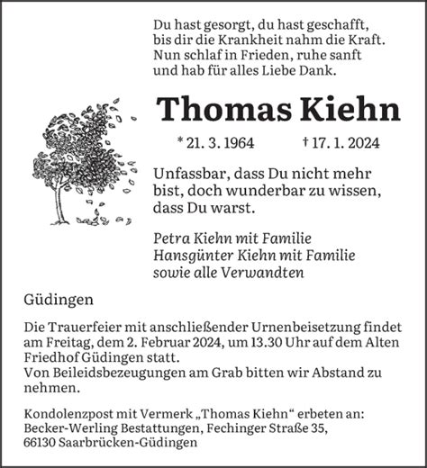 Traueranzeigen Von Thomas Kiehn Saarbruecker Zeitung Trauer De