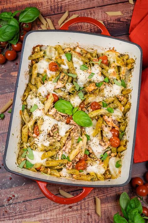 salmon pesto pasta bake  tomato  mozzarella flawless food