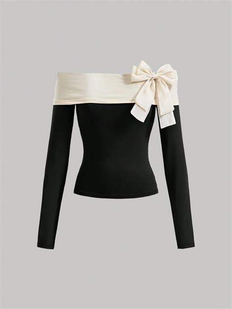 Shein Mod Color Block Bow Decorated Off Shoulder T Shirt For Sale