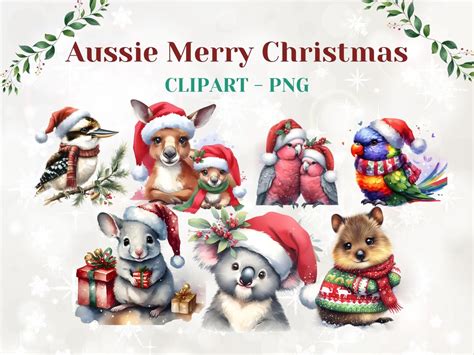 Australian Christmas Clipart Watercolour PNG Cute Aussie Etsy