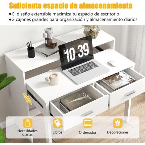 Costway Mesa Escritorio Extensible Escritorio Blanco Con Cajones