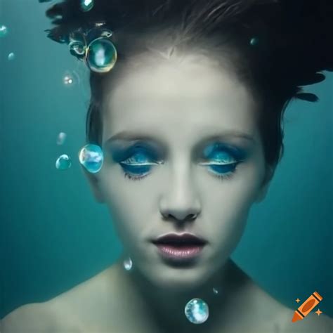 Surreal Beauty Portrait Of A Womans Face Underwater With Stylish Hair