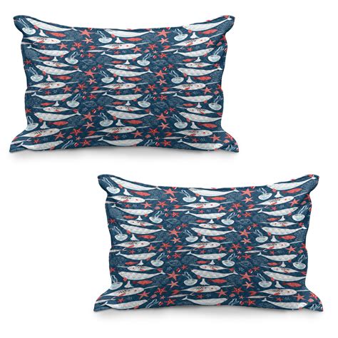 Narwhal Quilted Pillowcover Set Of Arctic Ocean Fauna Fish And