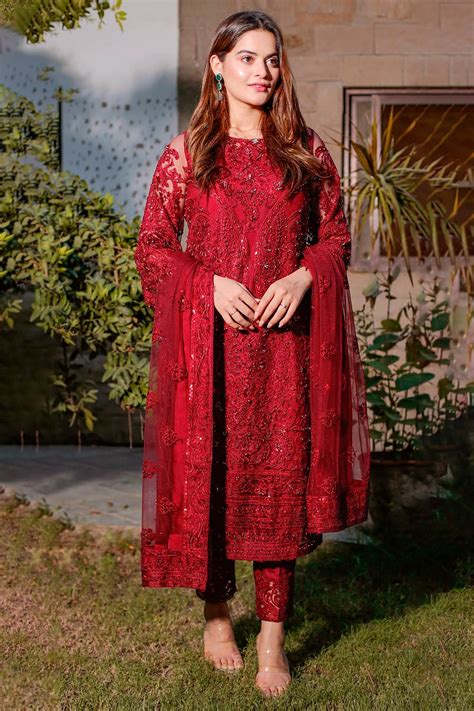 Embroidered Faux Georgette Pakistani Suit In Red Ucchal Fashion