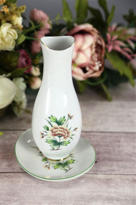 Vintage Hungarian Porcelain Set Vase And Jewelry Holder With Flowers