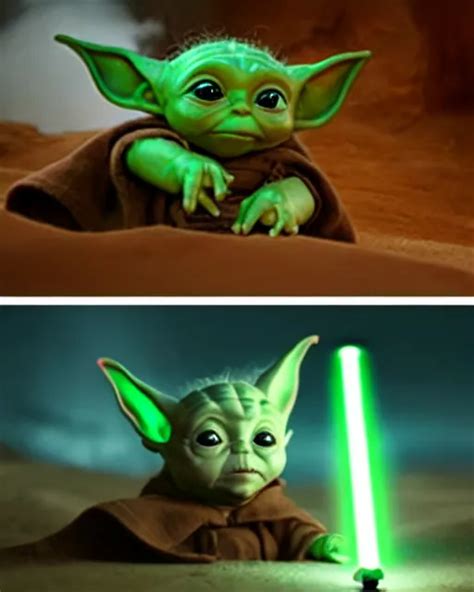 Baby Yoda Holding A Tiny Glowing Lightsaber Rides An Stable