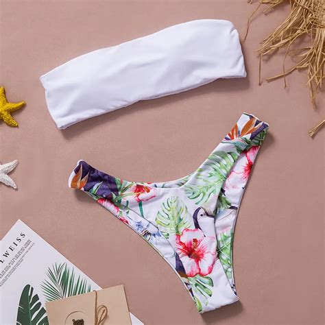 Women Swimsuit Two Piece Bandeau Tropical Print Low Waist Bikini Set Sexy Female Swimwear Summer