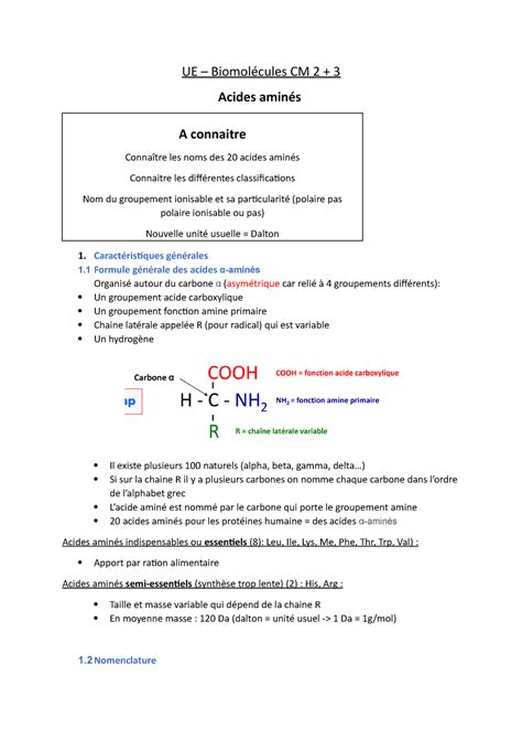 UE Biomolécules 2 Cours sur les acides aminés UE Biomolécules