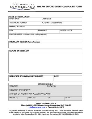 Fillable Online Bylaw Enforcement Complaint Form Summerland Fax Email