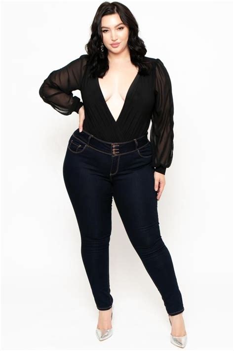 Plus Size Plunging V Neck Bodysuit Black Plus Size Knit Bodysuit