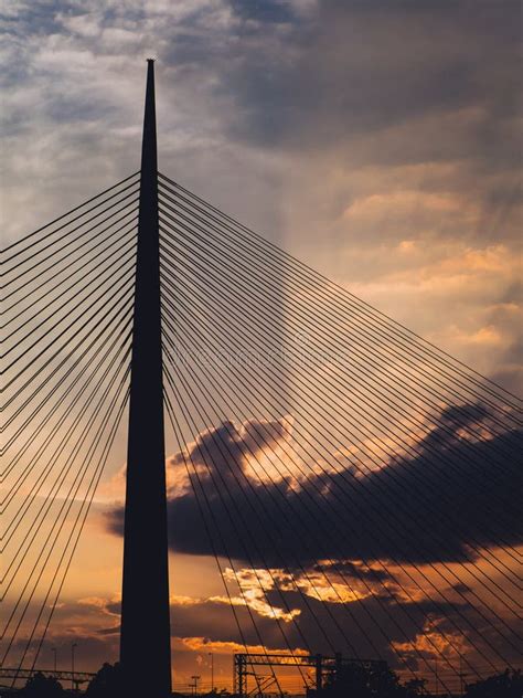 Big Suspension Bridge Tower At Sunset Stock Image Image Of Sunrays