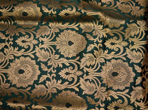 Buy Silk Brocade Fabric Bottle Green Gold Banarasi Blended Silk Brocade