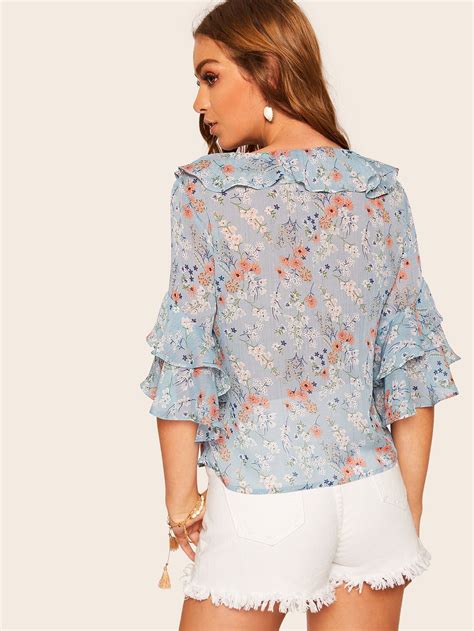 Shein Knot Front Ruffle Trim Floral Top Floral Tops Blouses For Women Half Sleeve Tops