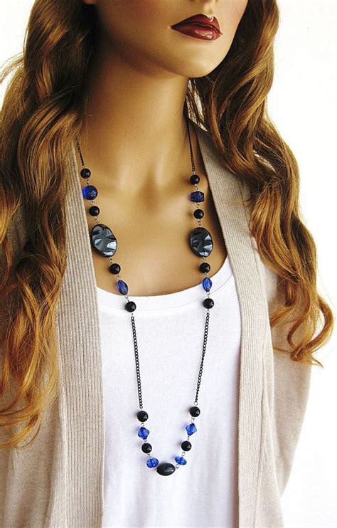 Long Black And Blue Beaded Necklace Black By Ralstonoriginals Simple Beaded Necklaces Beaded