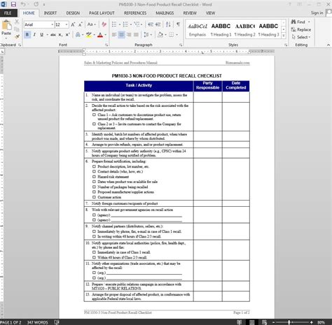 Non-Food Product Recall Checklist Template Word