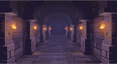 Premium Vector | Dungeon long medieval castle corridor with torches ...