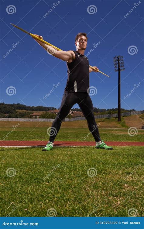 Man Athlete And Javelin Or Sport Exercise For Competition On Grass For