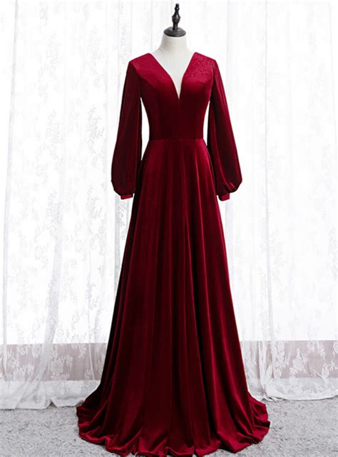 Burgundy Velvet V Neck Long Sleeve Long Prom Dress 2020